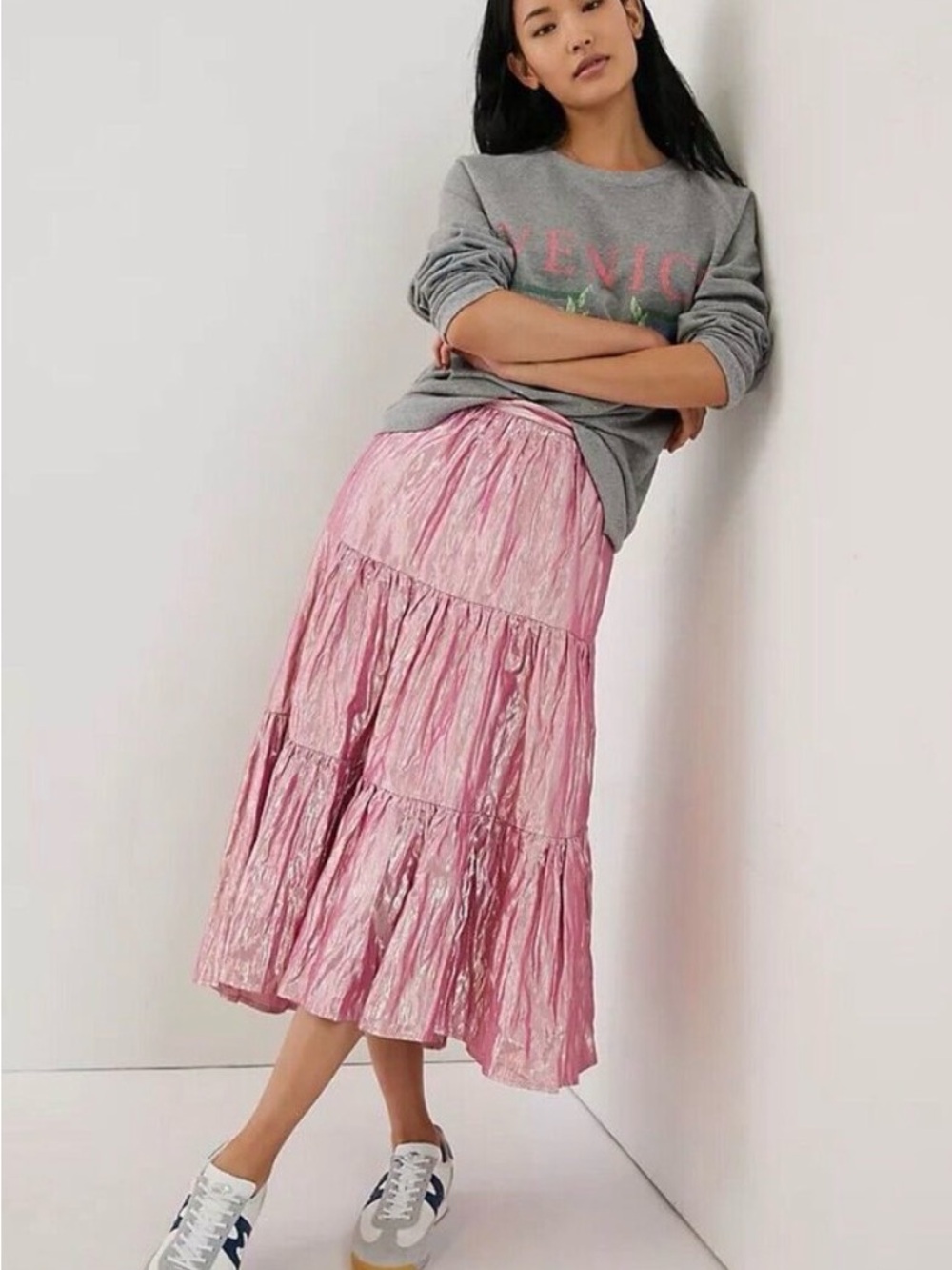 Anthropologie Maeve Alicia Crinkled Metallic Maxi Skirt
